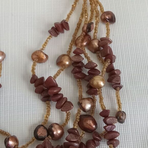 Shades of Brown Plastic & Seed Beaded Multiple Strand Layered Statement Necklace - Picture 4 of 12